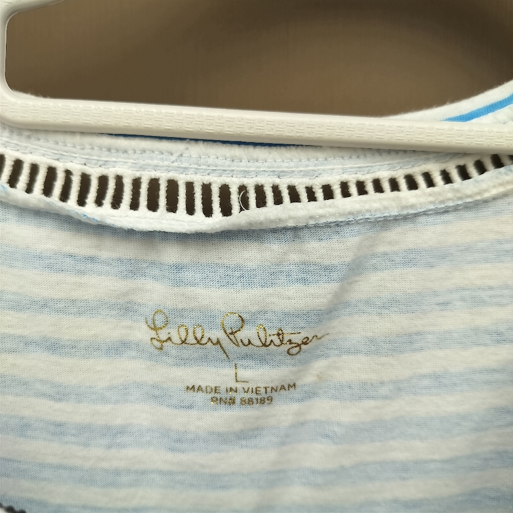 Lilly Pulitzer Blue and White Striped Sleeveless Cotton Dress with Lace Trim - Picture 4 of 8